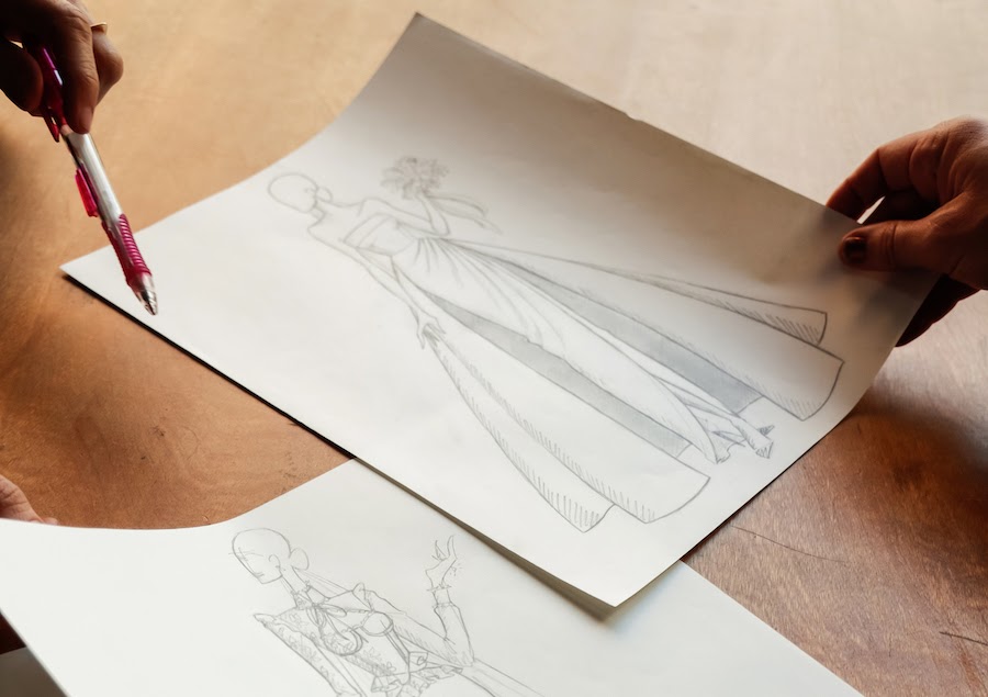 Closeup of a fashion sketch during the clothing line design process